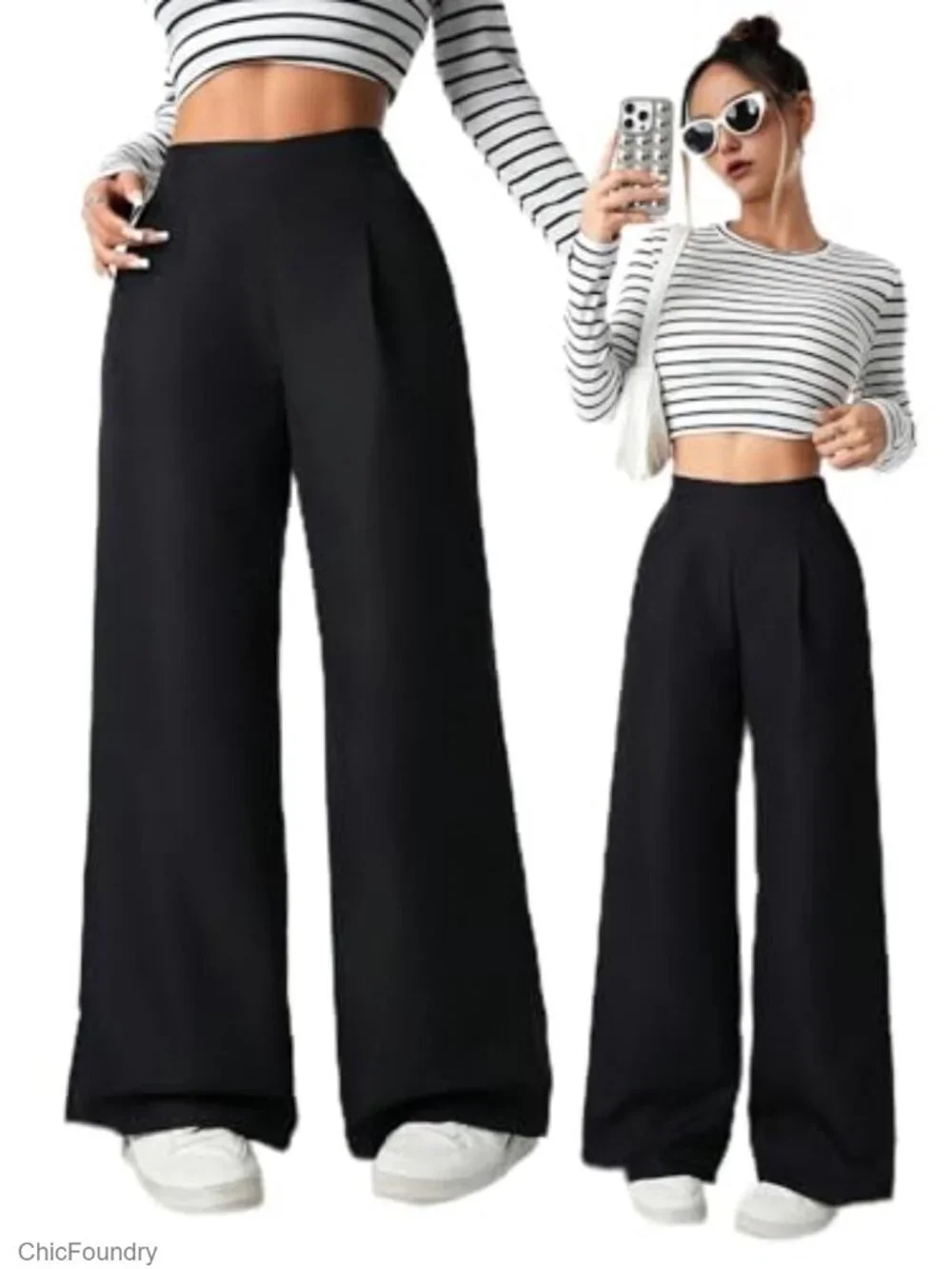 100% Cotton Girls Wide Leg Elastic High Waisted Pleated Dress Pants with Pockets